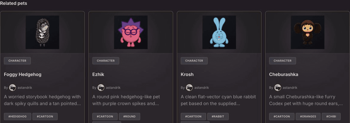 Related Codex pets shown for Winnie, including Foggy Hedgehog, Ezhik, Krosh, and Cheburashka