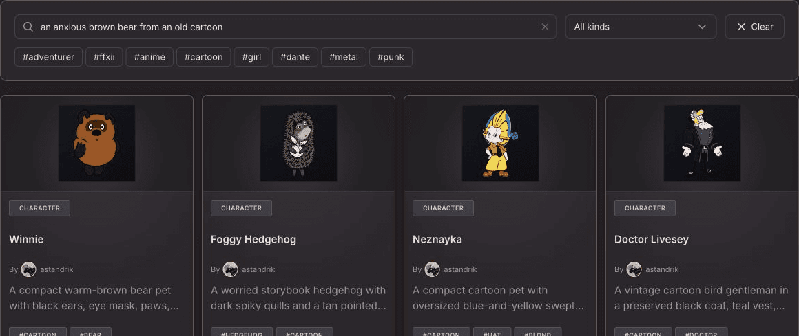 Codex Pets search results showing Winnie first and Foggy Hedgehog second for a descriptive query